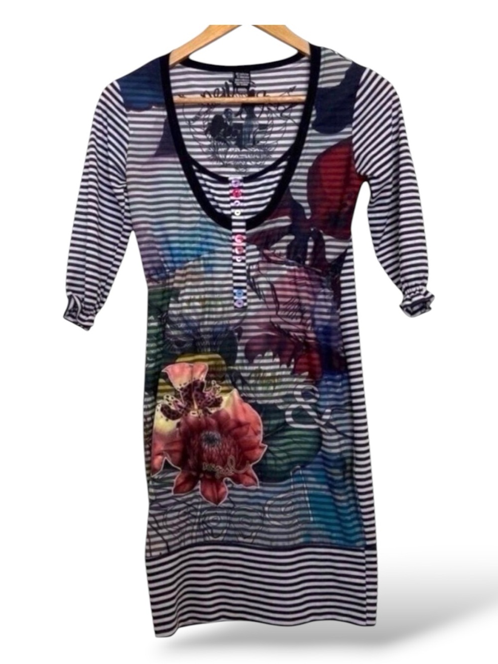 Desigual dress striped and floral embellishments XS elbow sleeves 3/4 flowers